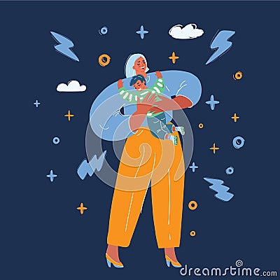 Vector illustration of Mother love. Young mother carry her child over dark backround. Vector Illustration