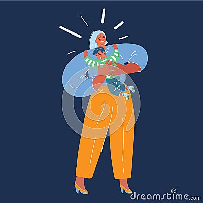 Vector illustration of Mother love. Young mother carry her child, son. Happy Mothers' Day! over dark backround. Vector Illustration