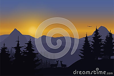 Vector illustration of a mountain landscape with deer in a forest under the sky Vector Illustration