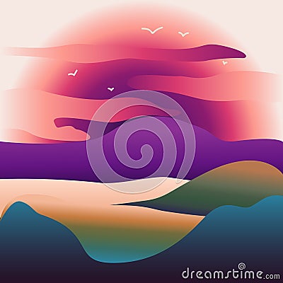 Abstract image of a sunset or dawn sun over the mountains at the background and river or lake at the foreground Vector Illustration