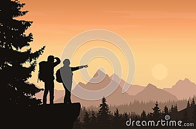 Vector illustration of a mountain landscape with a forest and two tourists, man and woman with backpacks showing his hand and loo Vector Illustration