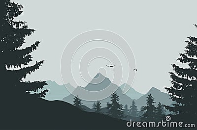 Vector illustration of mountain landscape with forest under gray Vector Illustration