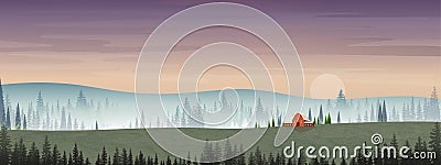 Vector illustration of mountain landscape with silhouettes of misty pine trees in forest with sunrise, Peaceful panoramic natural Vector Illustration