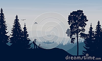 Vector illustration of a mountain landscape with trees and a hum Vector Illustration