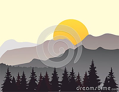 Vector Mountain And Trees Landscape Flat Design Vector Illustration