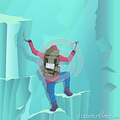 Vector illustration of a mountaineer climbing to the top of a winter slope slope Vector Illustration