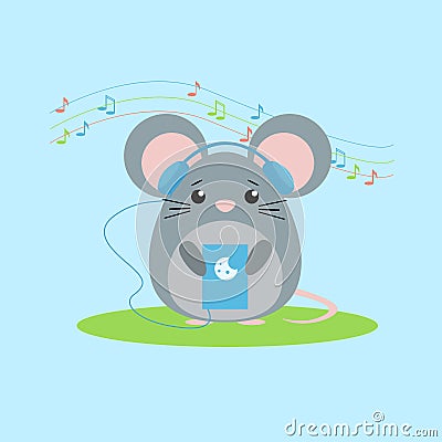 Vector illustration of mouse listens to music. Vector Illustration