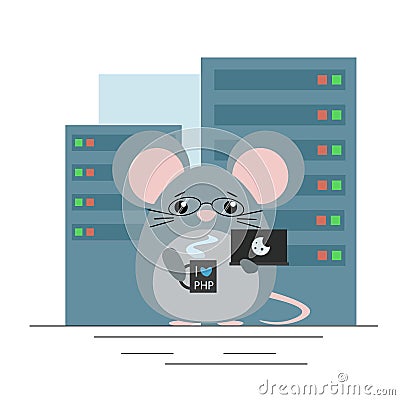 Vector illustration. Mouse - programmer standing with computer and coffee in server room. Vector Illustration