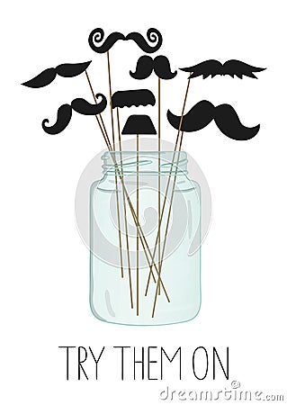 Vector illustration of moustache on stick in a glass jar. Vector Illustration