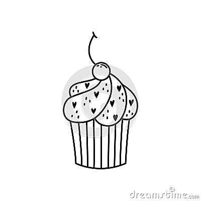 Vector illustration of muffins with cream with decoration for Valentine`s day. Outline Vector Illustration