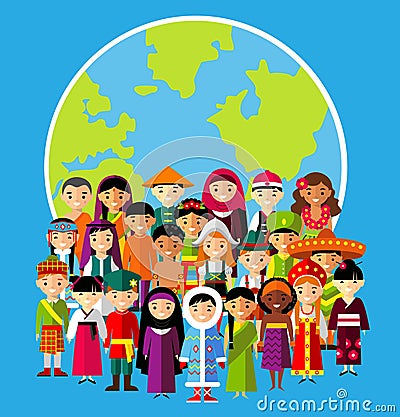 Vector illustration of multicultural national children, people on planet earth Vector Illustration