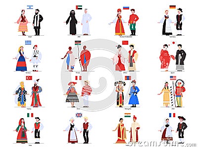 Vector illustration of multiculture people standing in their national costumes. Vector Illustration