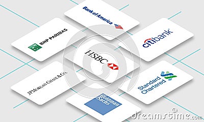 Vector illustration of multiple banking business card for editorial use. Include Goldman Sachs and Standard Chartered Cartoon Illustration