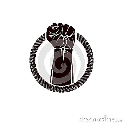 Vector illustration of muscular clenched fist of strong man raised up and surrounded by rope. Revolution leader concept, civil wa Vector Illustration