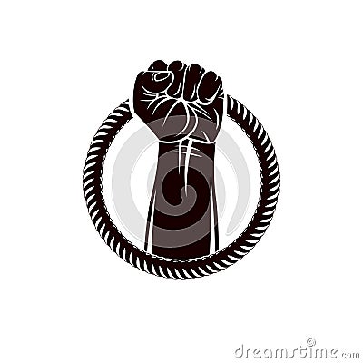 Vector illustration of muscular clenched fist of strong man raised up and surrounded by rope. Revolution leader concept, civil wa Vector Illustration
