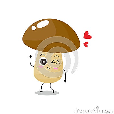 Vector illustration of mushroom character with cute expression, emoticon kawaii, lovely, wink Vector Illustration