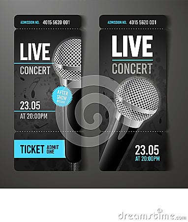 Vector illustration music concert event ticket design template with cool microphone and vintage effects Vector Illustration