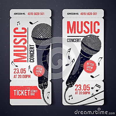 Vector illustration music concert event ticket design template with cool microphone and vintage effects Vector Illustration