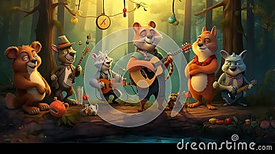 vector illustration of musical animals music troop Cartoon Illustration