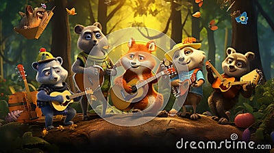 vector illustration of musical animals music troop Cartoon Illustration