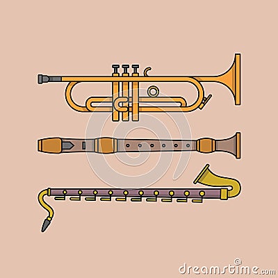 Vector illustration of musical instrument. Outline icon set. Trumpet, flute, clarinet Vector Illustration