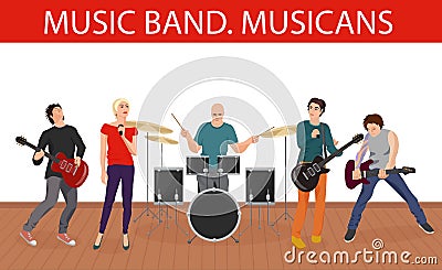 Vector illustration of musicians music band. Young rock group. Vector Illustration