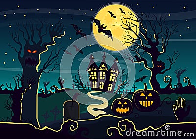 Vector illustration of mystery house with pumpkin lanterns and creatures decorated for Halloween. Halloween card with Vector Illustration