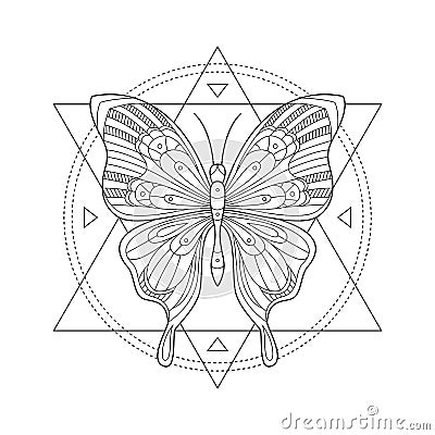 Vector illustration mystic butterfly. Sacred geometry print Butterfly in triangles and circes. Geometric mystical symbol Vector Illustration