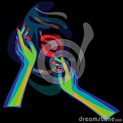 Vector illustration of mystical bright hands of a witch during witchcraft. Esoteric, spiritual, occult concept of Vector Illustration