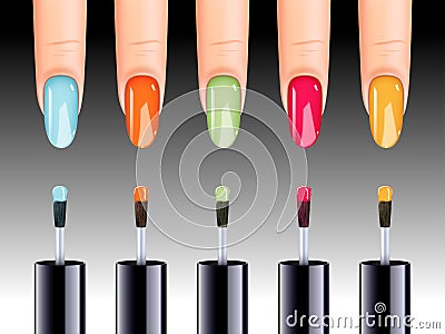 Vector illustration of nail polish in different colors being applied to nail. Cartoon Illustration