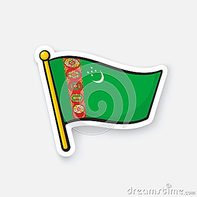 Sticker flag of Turkmenistan on flagstaff Vector Illustration