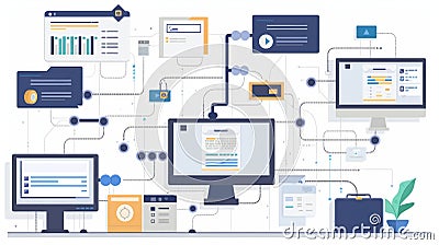 A vector illustration of a network of connected devices and documents, symbolizing a comprehensive digital workflow or data Cartoon Illustration