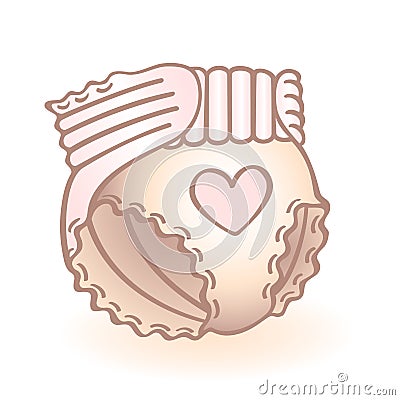 New born baby diaper, nappy with pink heart shaped decoration. Infant vector icon. Child item. Vector Illustration
