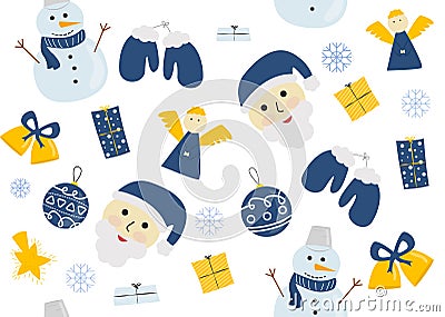 Vector illustration of New Year and Christmas seamless pattern with santa claus, snowman, angel, bell, gift, christmas Vector Illustration