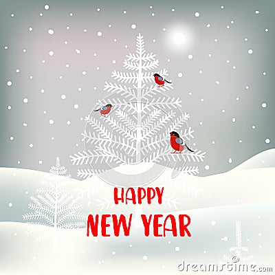 New Year greeting card with cute character. Background with bullfinch, christmas trees, landscape and snowfall Vector Illustration