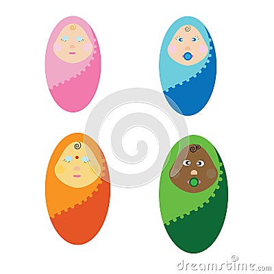 Vector illustration newborn children of different nations. The kids wrapped in a blanket. Little baby Vector Illustration