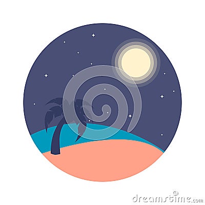 Vector illustration of night beach with palm tree, moon Vector Illustration