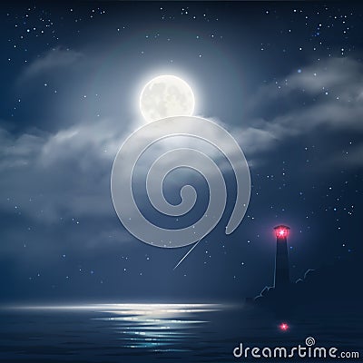 Vector illustration of night cloudy sky with stars, moon and sea with lighthouse Vector Illustration