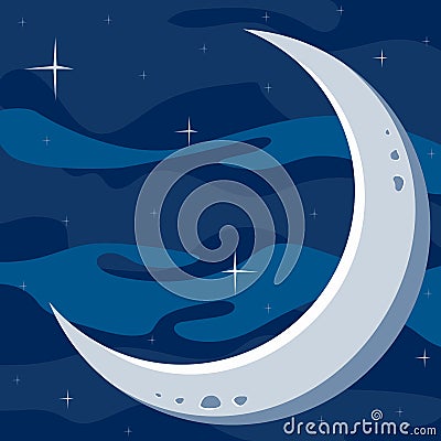 Night time half moon and a stary sky. Vector Illustration