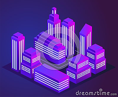 Vector illustration of a night glowing neon city. Bright and glowing neon purple and blue lights. Neon city landscape. Vector Illustration