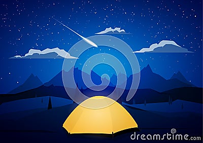 Night Mountains landscape with tents camp and meteor. Vector Illustration