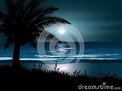 Palm tree silhouette and the moonight in the sea Cartoon Illustration