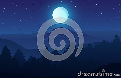 Vector illustration of night time nature landscape in the forest with a Mountain, Full moon and a Starry sky Vector Illustration