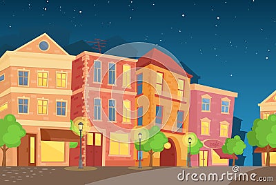 Vector illustration of night town in cartoon style. Street with colorful cute houses, night time city in flat style. Vector Illustration