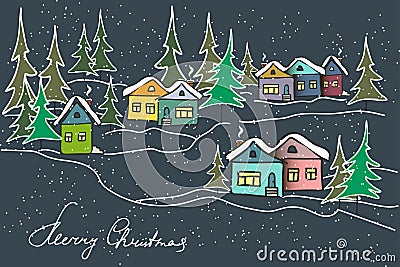 Night winter landscape. Caramel multicolored houses, firs. Vector Illustration