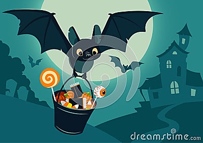 Vector illustration of nighttime Halloween scene, cute bat flying with bucket full of candy, with full moon, haunted house, fores Cartoon Illustration