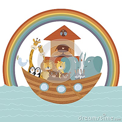 Vector illustration with Noah`s Ark, Bible story concept for kids. Cute poster can be used for different designs, covers, nursery Vector Illustration