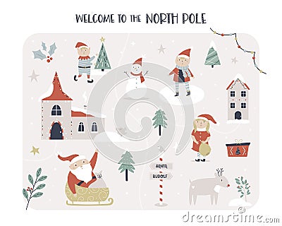 Vector illustration of North Pole town with Santa Claus, elf, rudolf reindeer. Vector Illustration