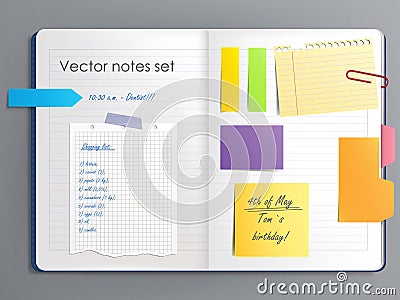 Vector illustration of a notebook page with various colored sticky paper notes Vector Illustration