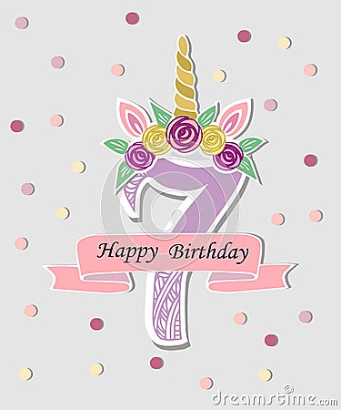 Vector illustration with number Seven, Unicorn Horn, ears and flower wreath. Vector Illustration